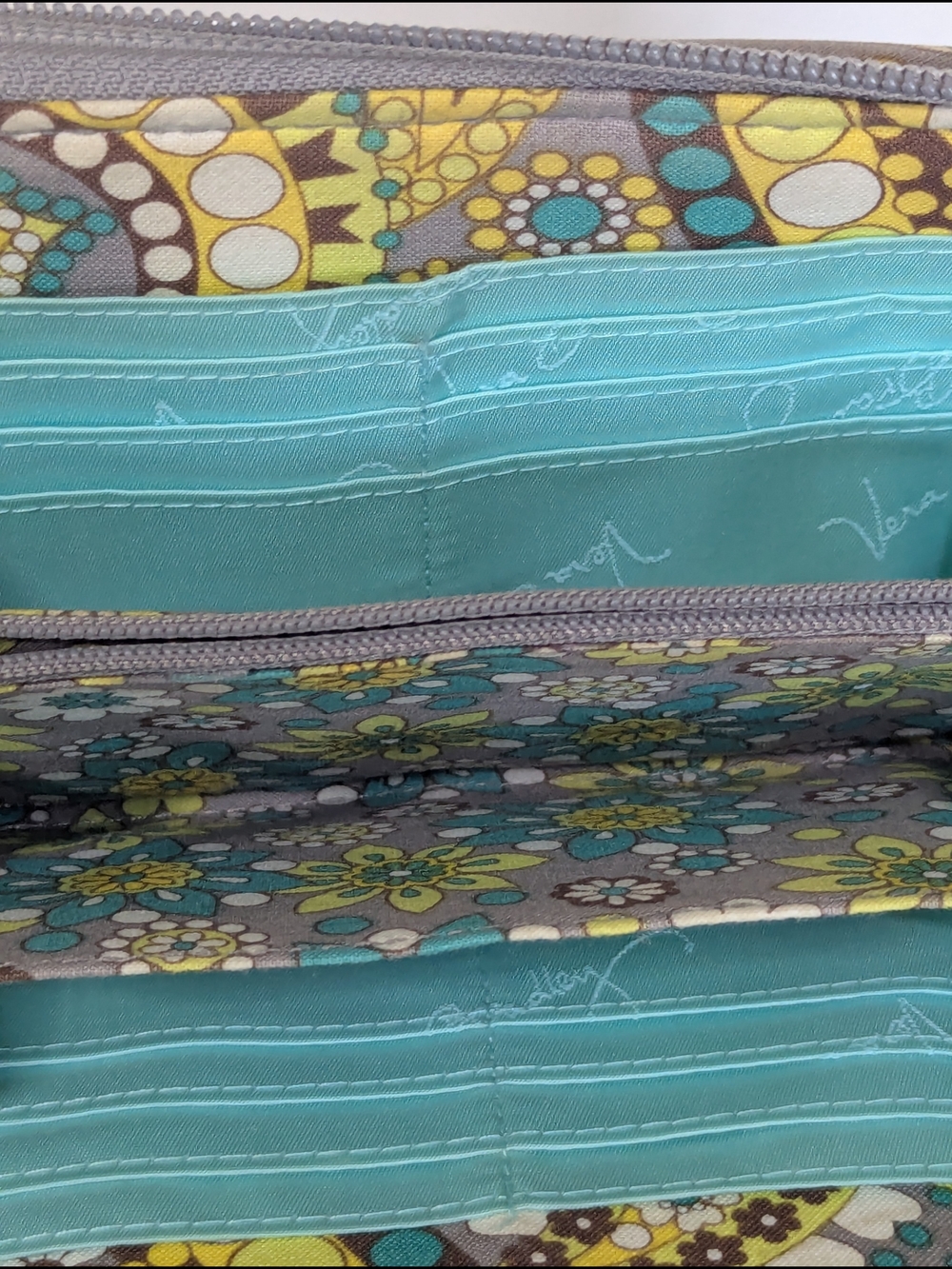 Vera Bradley Zip Around Wallet Paisley Floral Quilted Cotton Gray Yellow Blue - Picture 8 of 13